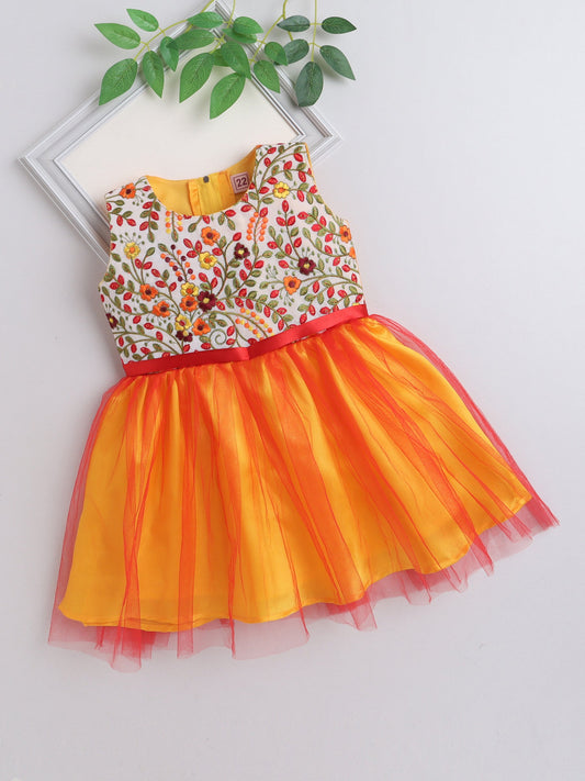 Sleeveless Kashmir Garden Embroidered Tulle Overlay Sleeveless Party Dress - Yellow And Red