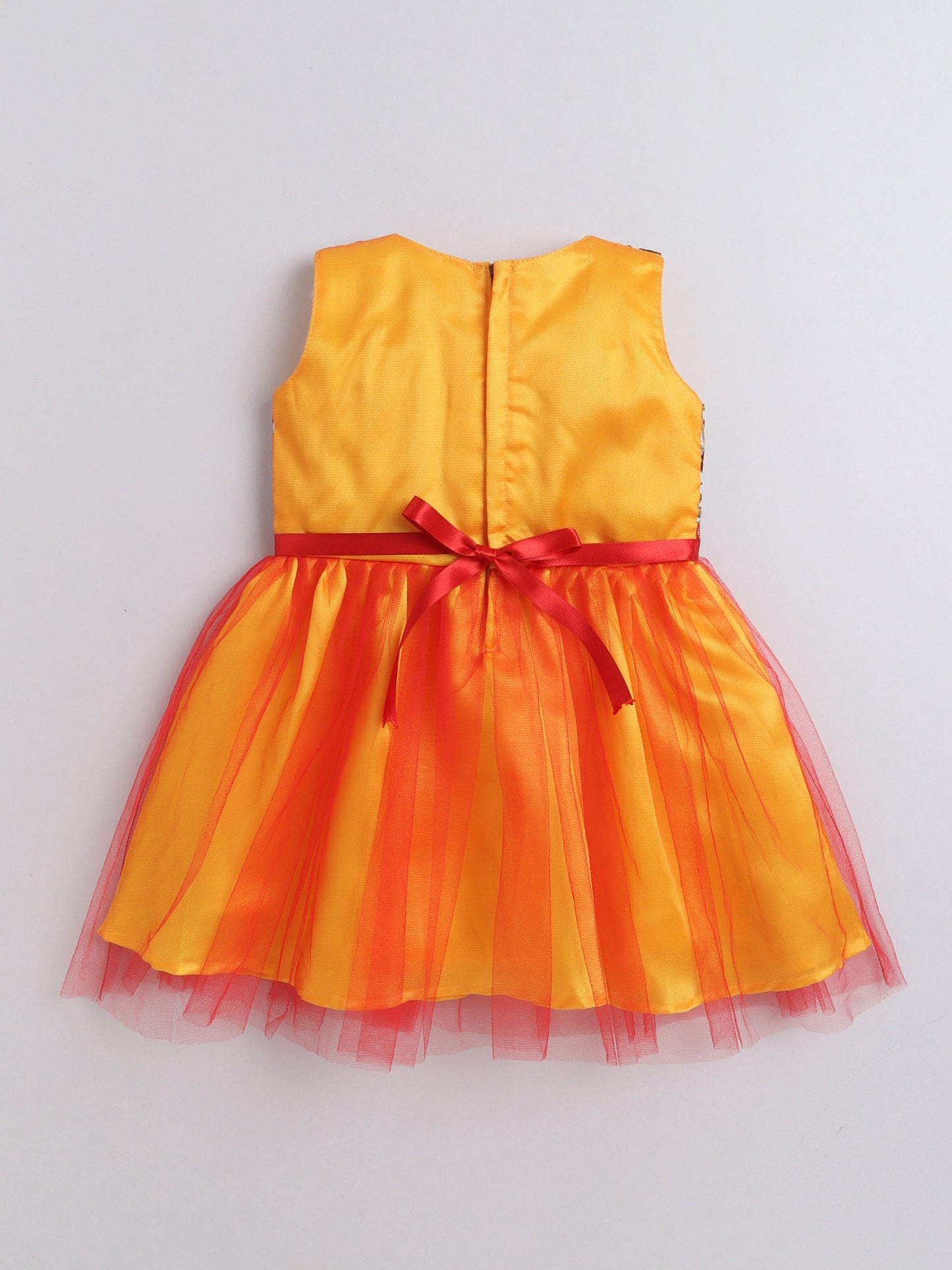 Sleeveless Kashmir Garden Embroidered Tulle Overlay Sleeveless Party Dress - Yellow And Red