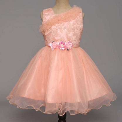 Sleeveless Flower Embellished Ruffle Party Dress For Girls - Peach