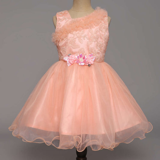 Sleeveless Flower Embellished Ruffle Party Dress For Girls - Peach