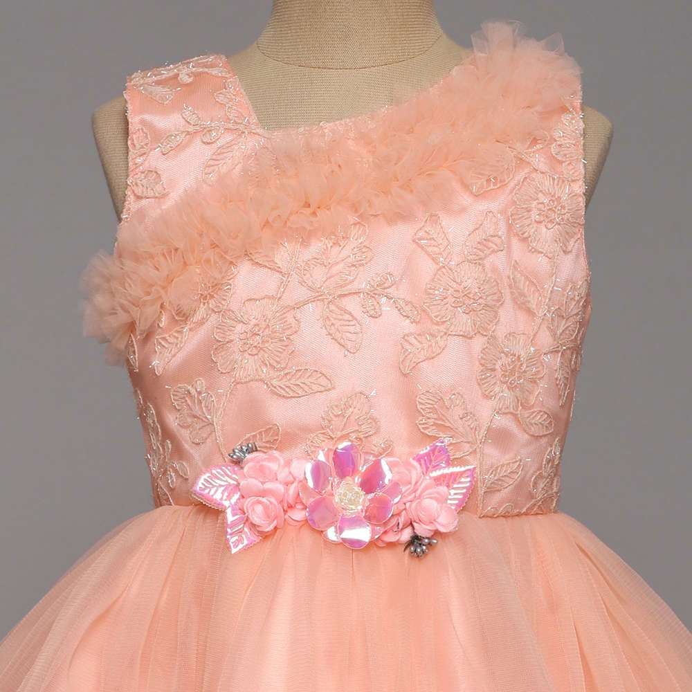 Sleeveless Flower Embellished Ruffle Party Dress For Girls - Peach