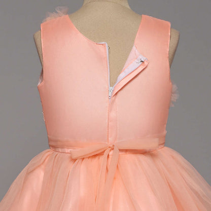 Sleeveless Flower Embellished Ruffle Party Dress For Girls - Peach