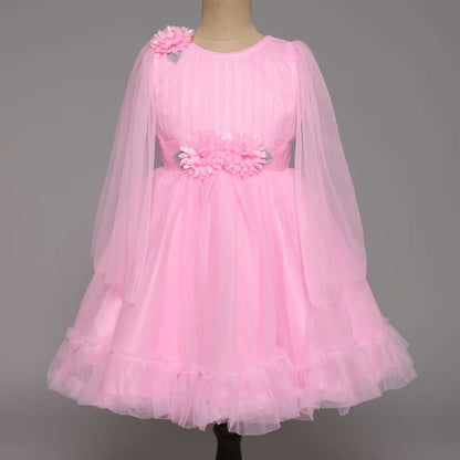 Off Shoulder Flower Embellished Ruffle Party Dress For Girls - Pink