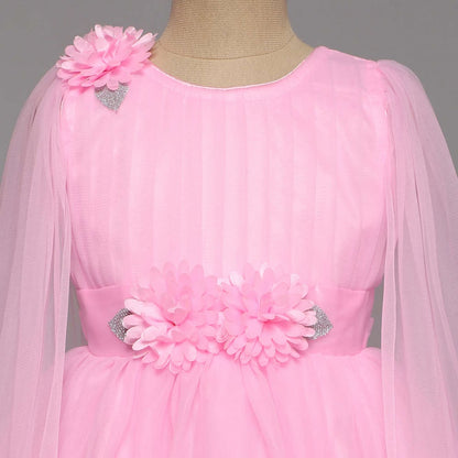 Off Shoulder Flower Embellished Ruffle Party Dress For Girls - Pink