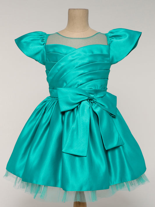Solid Satin Cap Sleeves Big Bow Embelished Party Wear Dress For Girls Aqua Green