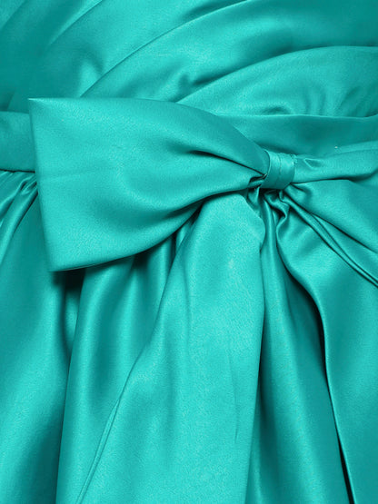 Solid Satin Cap Sleeves Big Bow Embelished Party Wear Dress For Girls Aqua Green