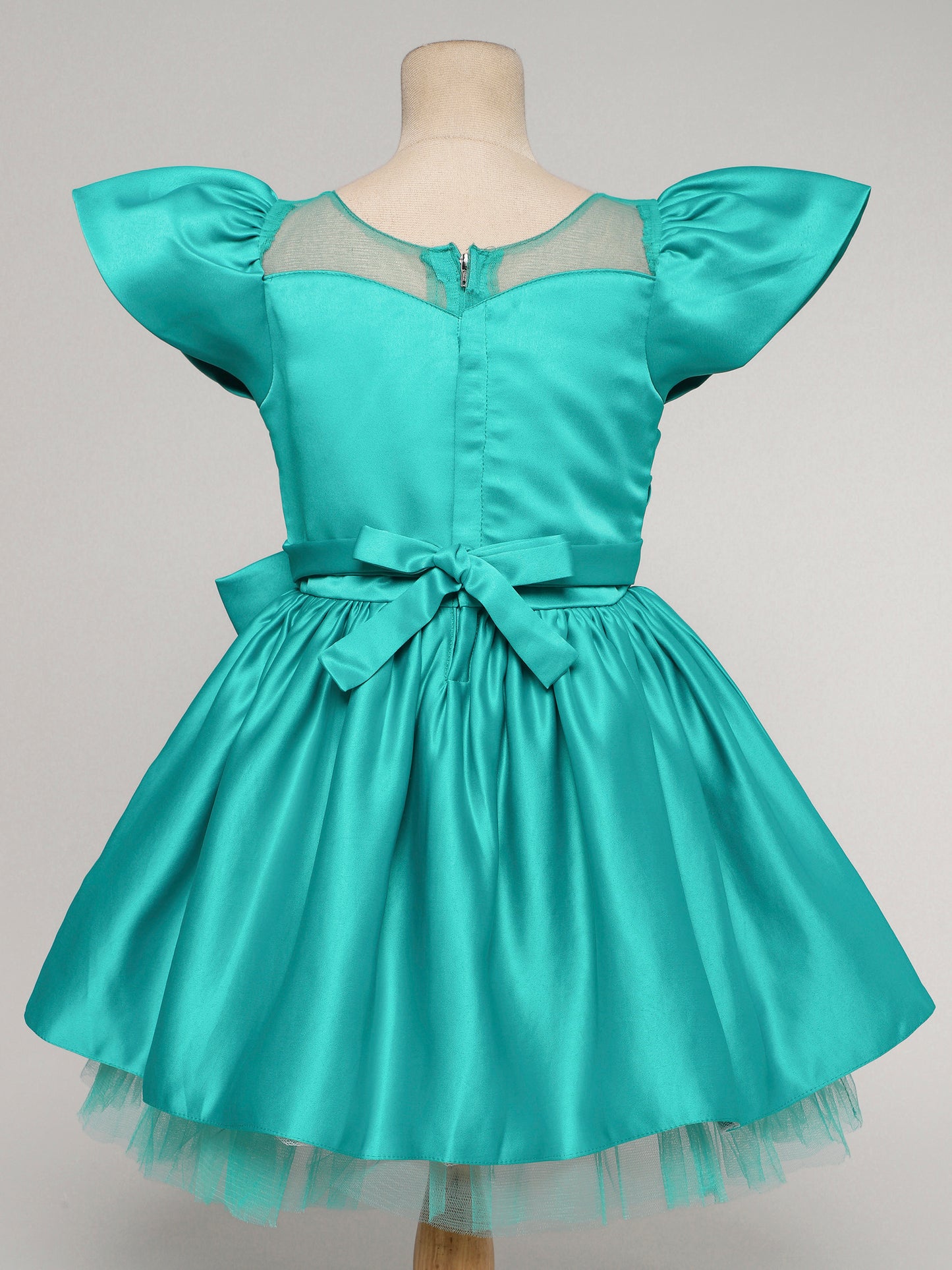 Solid Satin Cap Sleeves Big Bow Embelished Party Wear Dress For Girls Aqua Green