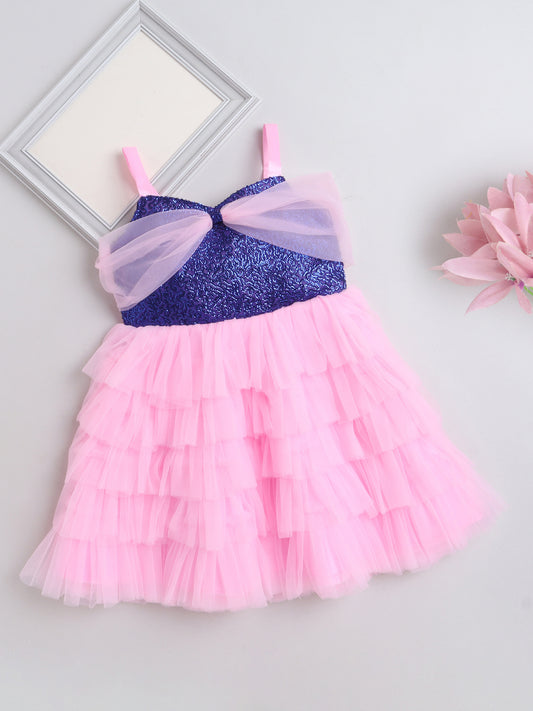 Sleeveless Bow Designed Sequin Embellished Party Dress - Pink