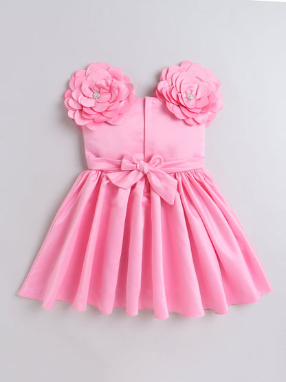 Sleeveless Flower Appliqued Party Dress - Pink