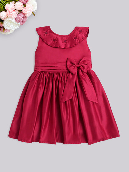 Solid Satin Sleeveless Bow Embelished Party Wear girls Dress  Maroon