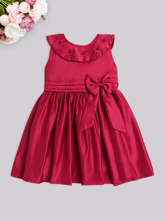Solid Satin Sleeveless Bow Embelished Party Wear girls Dress  Maroon