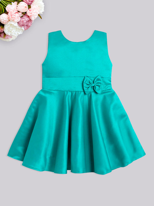Solid Satin Sleeveless Bow Embelished Party Wear Dress For Girls Teal Green