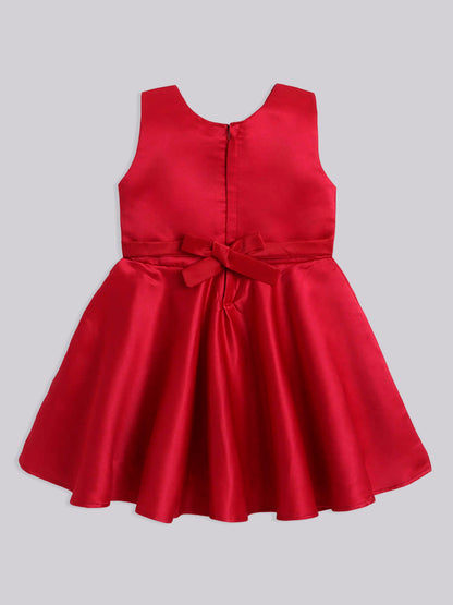 Solid Satin Sleeveless Bow Embelished Party Wear Dress For Girls Maroon