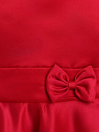 Solid Satin Sleeveless Bow Embelished Party Wear Dress For Girls Maroon
