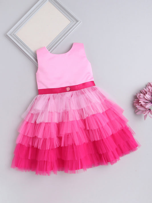 Sleeveless Tiered Dress With Corsage For Girls - Pink