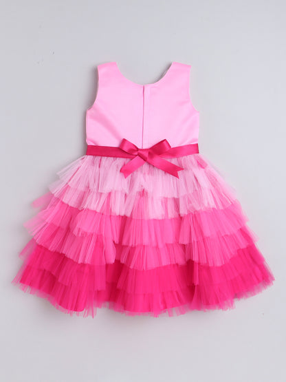 Sleeveless Tiered Dress With Corsage For Girls - Pink