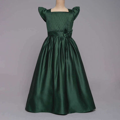 Bow Embelished Cap Sleeves Long Gown Dress For Girls-Green