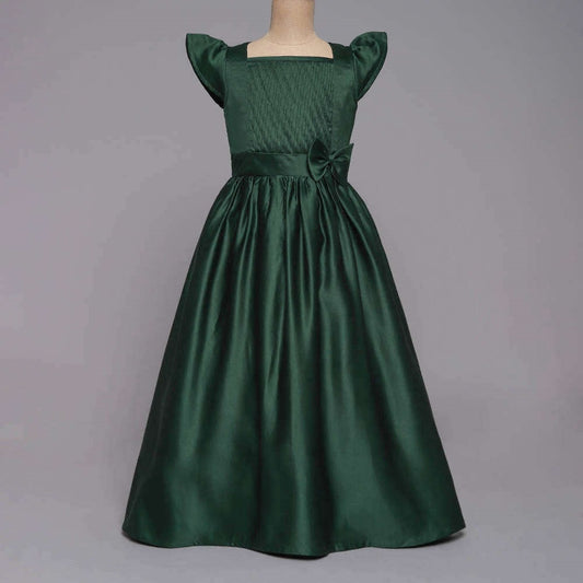 Bow Embellished Cap Sleeves Long Gown Girls Dress - Green