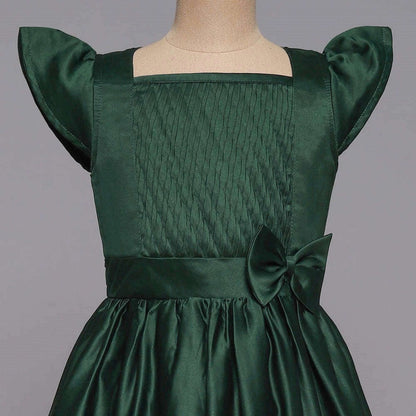Bow Embelished Cap Sleeves Long Gown Dress For Girls-Green
