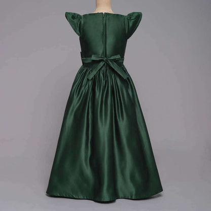 Bow Embellished Cap Sleeves Long Gown Girls Dress - Green