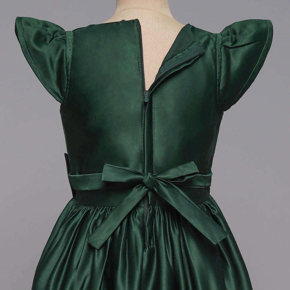 Bow Embelished Cap Sleeves Long Gown Dress For Girls-Green