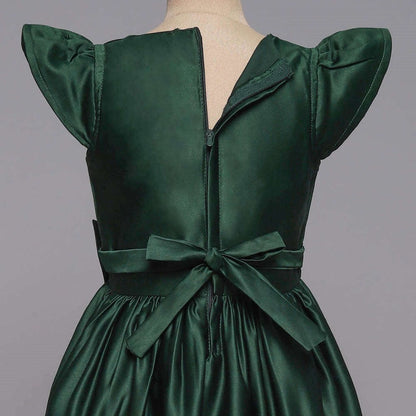 Bow Embelished Cap Sleeves Long Gown Dress For Girls-Green