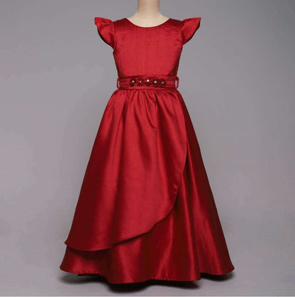 Bow Embelished Cap Sleeves Girls Long Gown Dress - Red