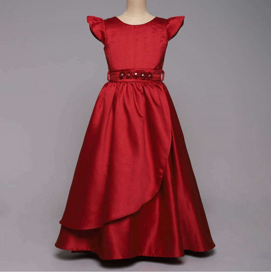 Bow Embelished Cap Sleeves Girls Long Gown Dress - Red