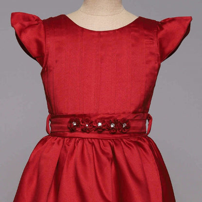Bow Embelished Cap Sleeves Girls Long Gown Dress - Red