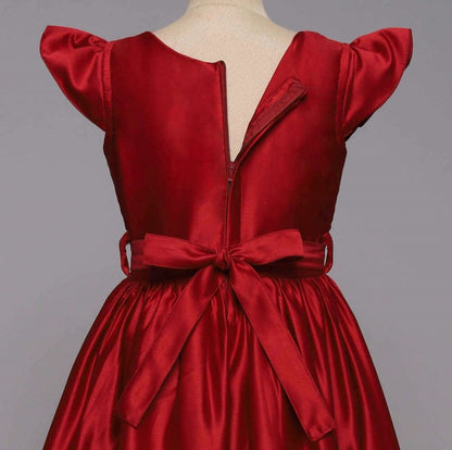 Bow Embelished Cap Sleeves Girls Long Gown Dress - Red