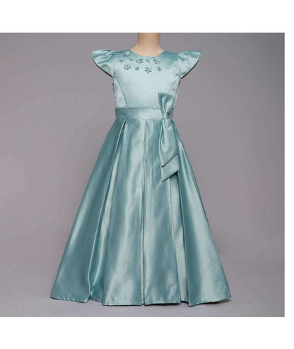 Bow Embelished Cap Sleeves Long Gown Dress For Girls-Mint