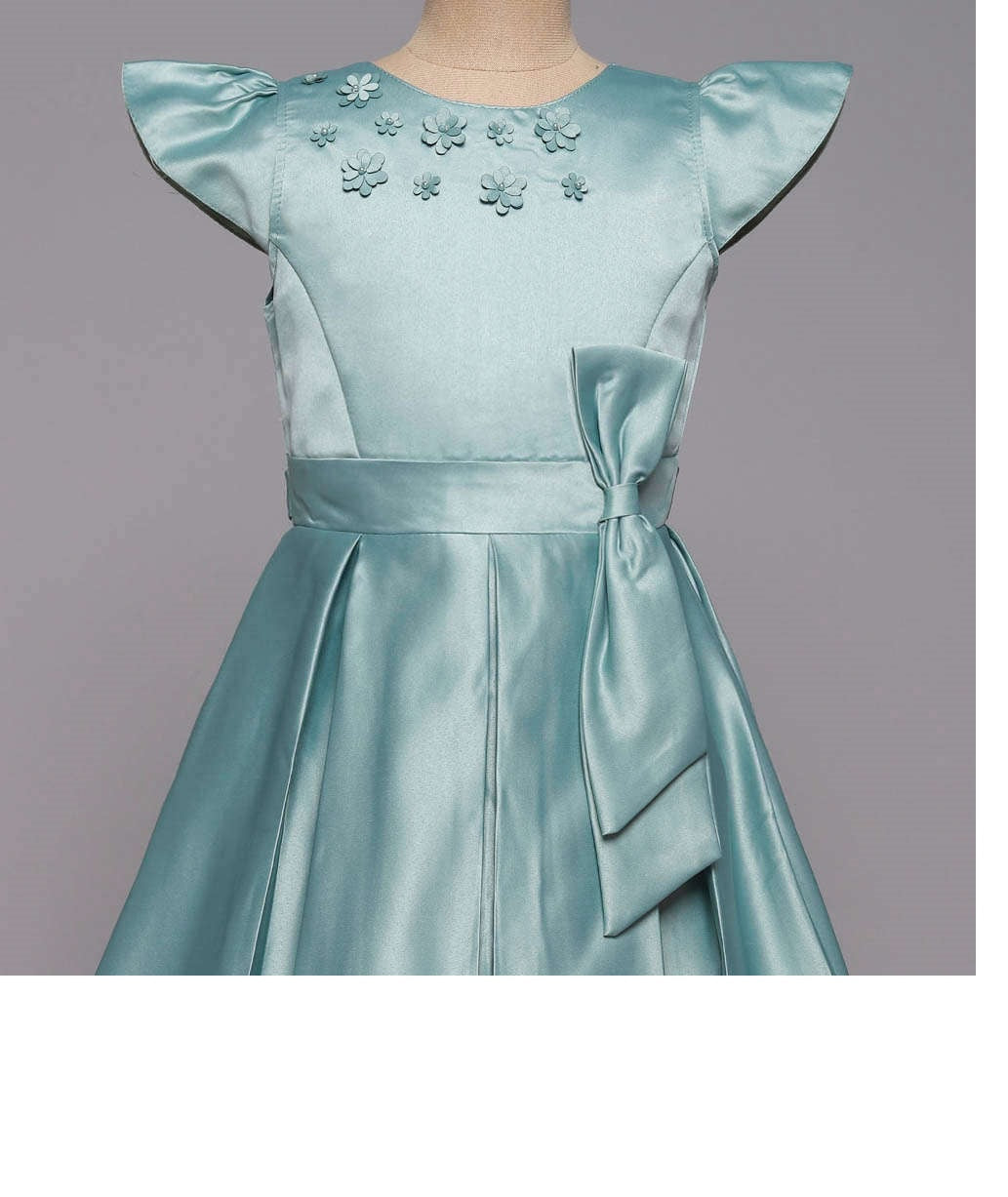 Bow Embelished Cap Sleeves Long Gown Dress For Girls-Mint