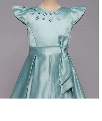 Bow Embelished Cap Sleeves Long Gown Dress For Girls-Mint
