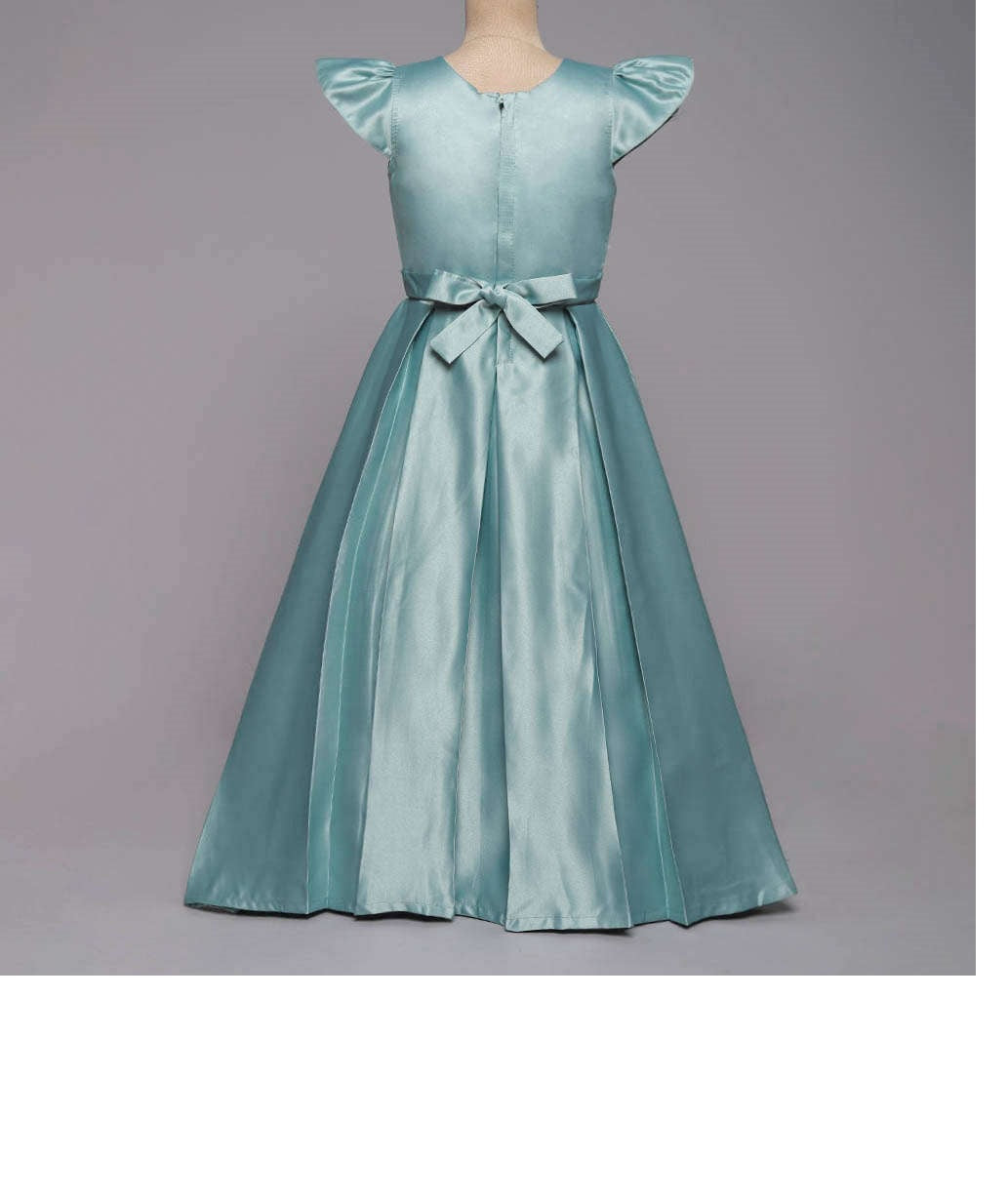 Bow Embelished Cap Sleeves Long Gown Dress For Girls-Mint