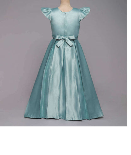 Bow Embelished Cap Sleeves Long Gown Dress For Girls-Mint