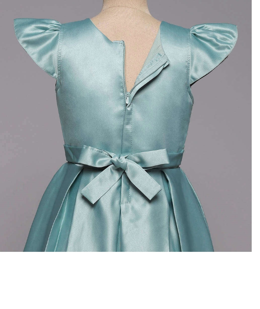 Bow Embelished Cap Sleeves Long Gown Dress For Girls-Mint