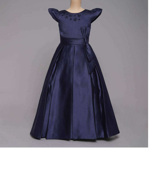 Long Gown Bow Embellished Cap Sleeves Dress For Girls - Navy