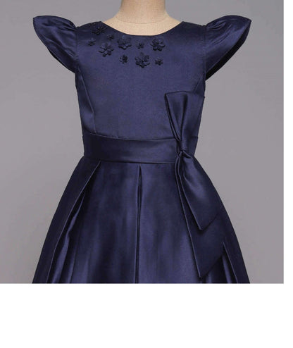 Long Gown Bow Embellished Cap Sleeves Dress For Girls - Navy