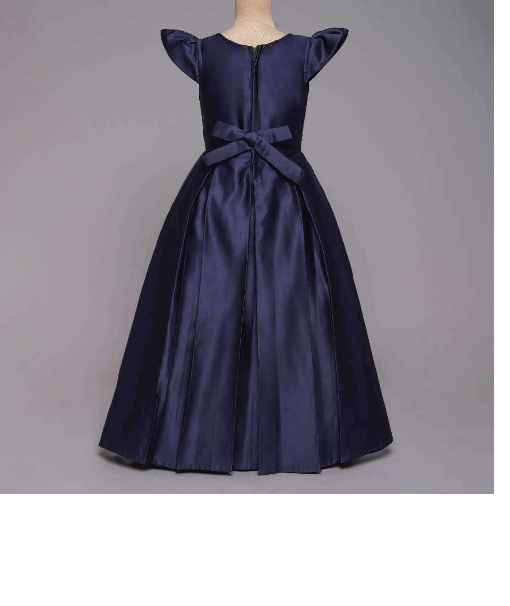 Long Gown Bow Embellished Cap Sleeves Dress For Girls - Navy