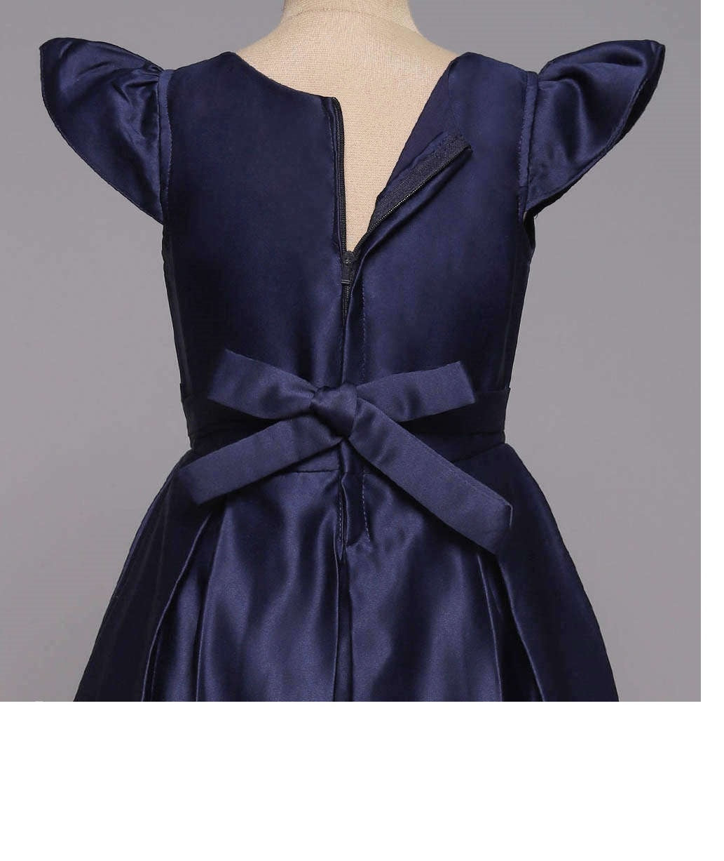Long Gown Bow Embellished Cap Sleeves Dress For Girls - Navy