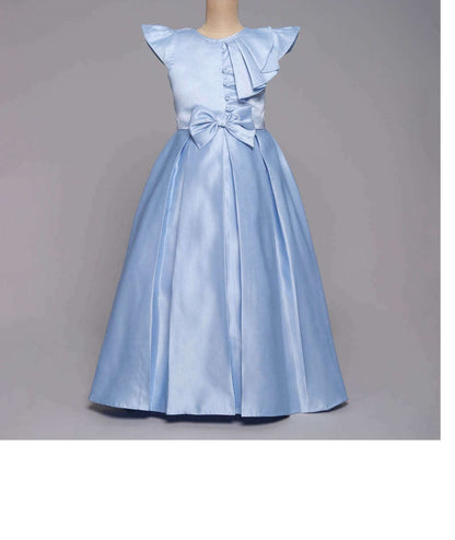 Cap Sleeves Long Gown Bow Embellished Dress For Girls - Blue