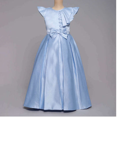 Bow Embelished Cap Sleeves Long Gown Dress For Girls-Blue