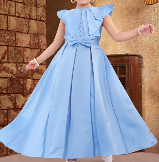 Cap Sleeves Long Gown Bow Embellished Dress For Girls - Blue
