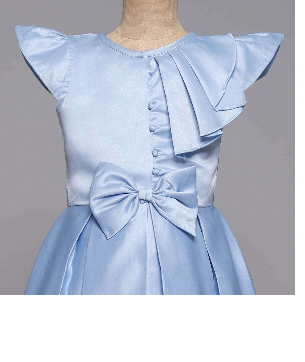 Bow Embelished Cap Sleeves Long Gown Dress For Girls-Blue