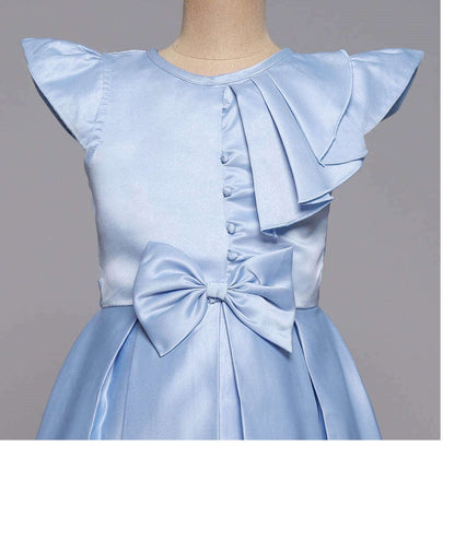 Bow Embelished Cap Sleeves Long Gown Dress For Girls-Blue
