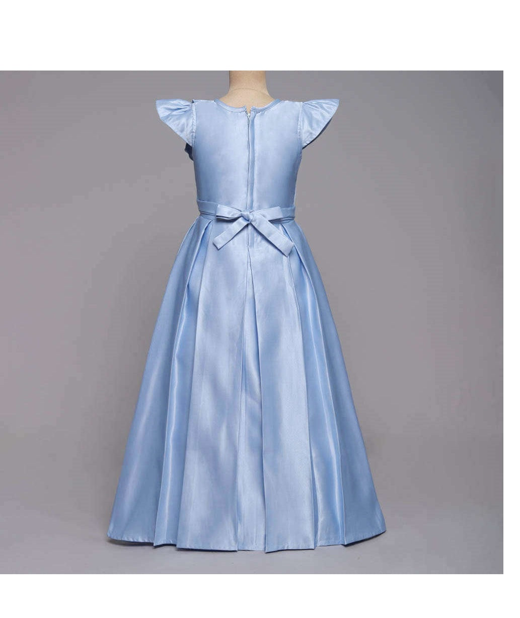 Cap Sleeves Long Gown Bow Embellished Dress For Girls - Blue