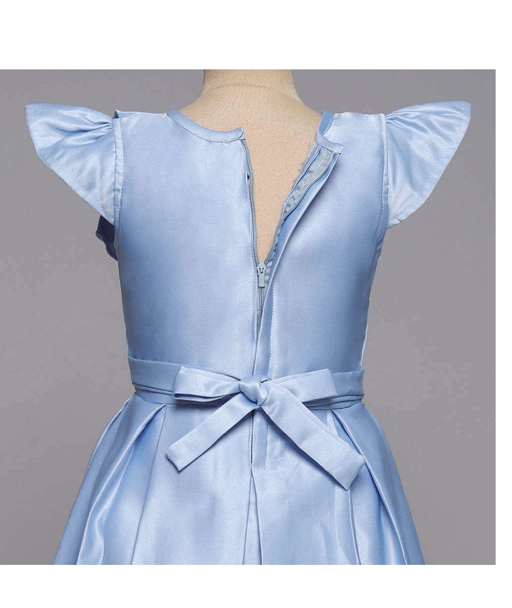 Bow Embelished Cap Sleeves Long Gown Dress For Girls-Blue