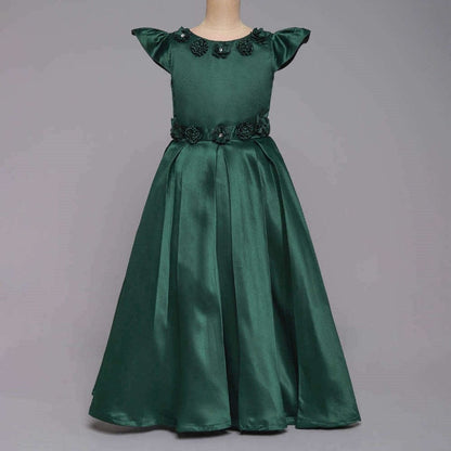 Cap Sleeves Stone Floral Applique Detailed Box Pleated Fit & Flare Gown - Green