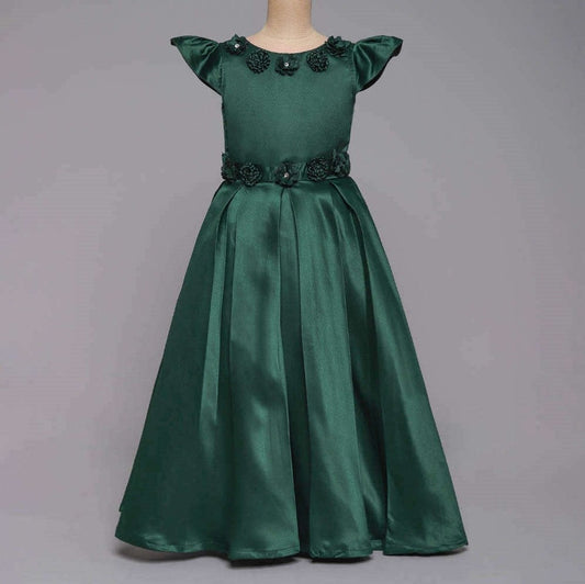Cap Sleeves Stone Floral Applique Detailed Box Pleated Fit & Flare Gown - Green