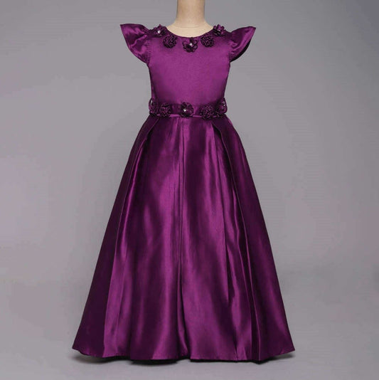 Cap Sleeves Stone Floral Applique Detailed Box Pleated Fit & Flare Gown - Purple